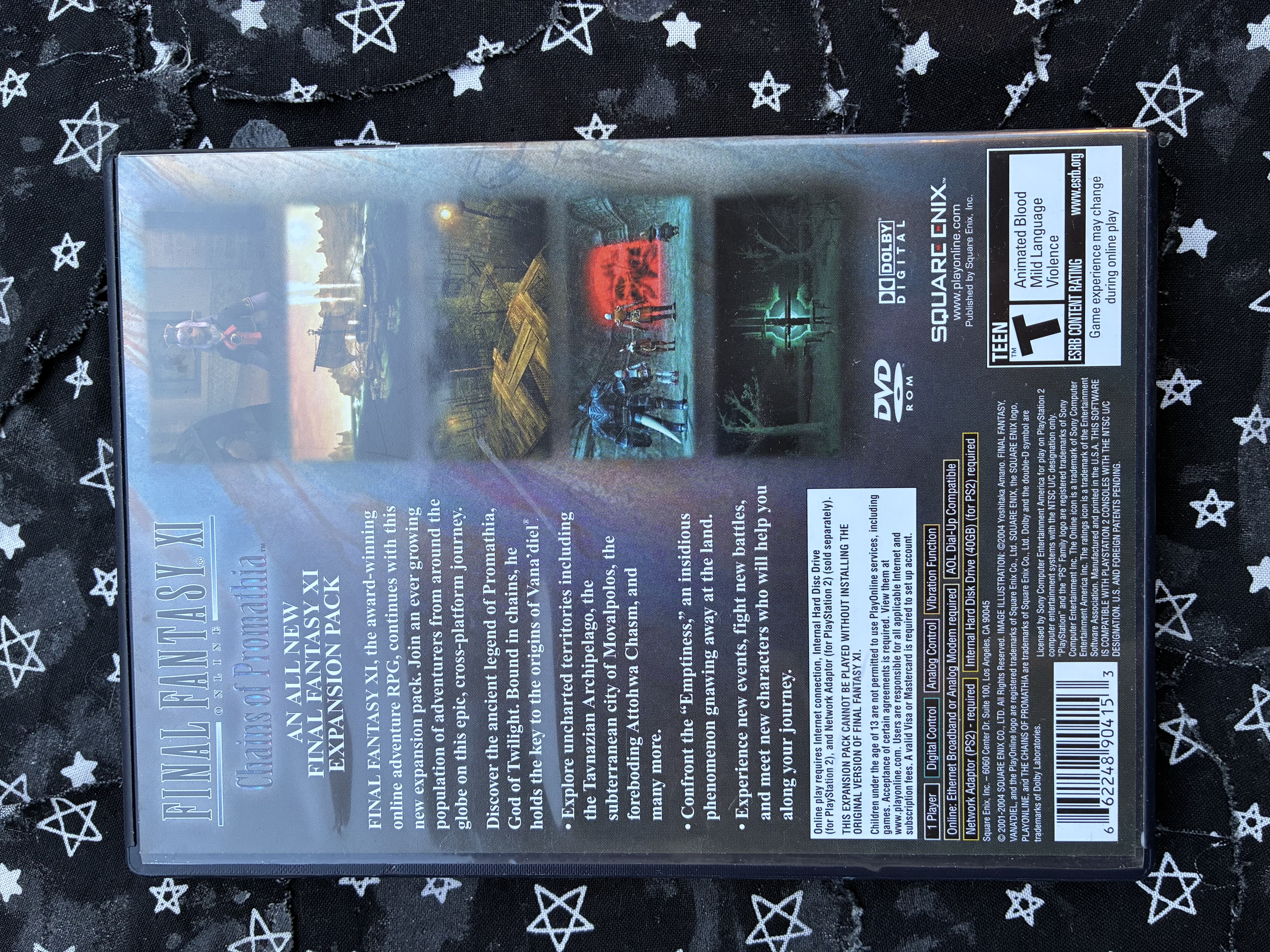 Back of Final fantasy xi chains of promathia with the game screenshots, summary, and credits.